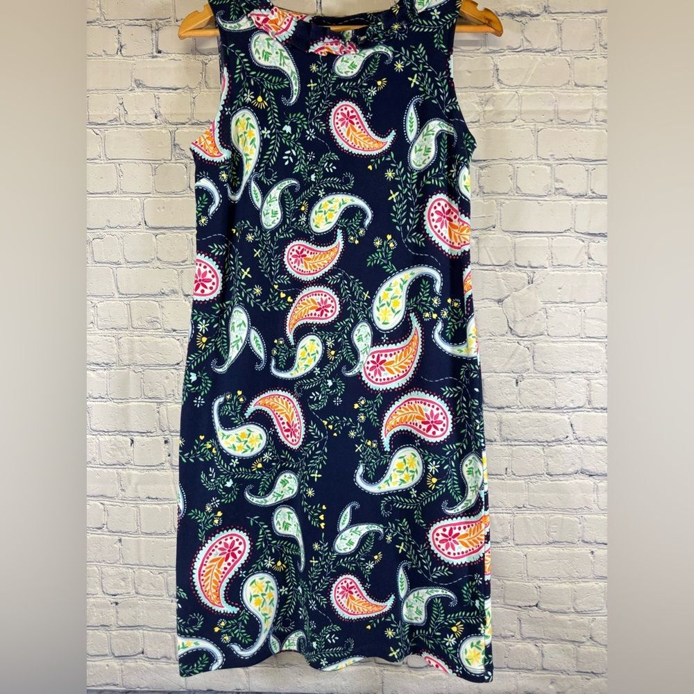 Talbots Pleat Neck Navy Pink Paisley Sleeveless Travel Classic Shift Dress SP